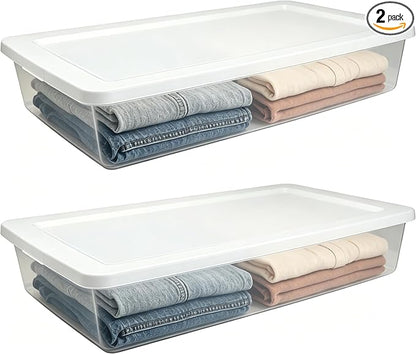 (2 Pack) 41 Quart Under Bed Storage Containers, Clear Rigid Plastic Underbed Storage Bins with Snap-On Lid, Stackable Flat Organizer Boxes for Bedroom Closet Home, White