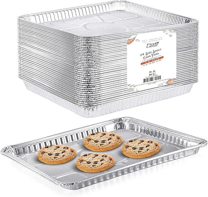 (25 Pack) 1/4 Size Cookie Sheet Baking Cake Pans l 12.8” x 8.9” Disposable Aluminum Foil Trays l Premium Heavy Duty Nonstick Baking Sheets Reusable